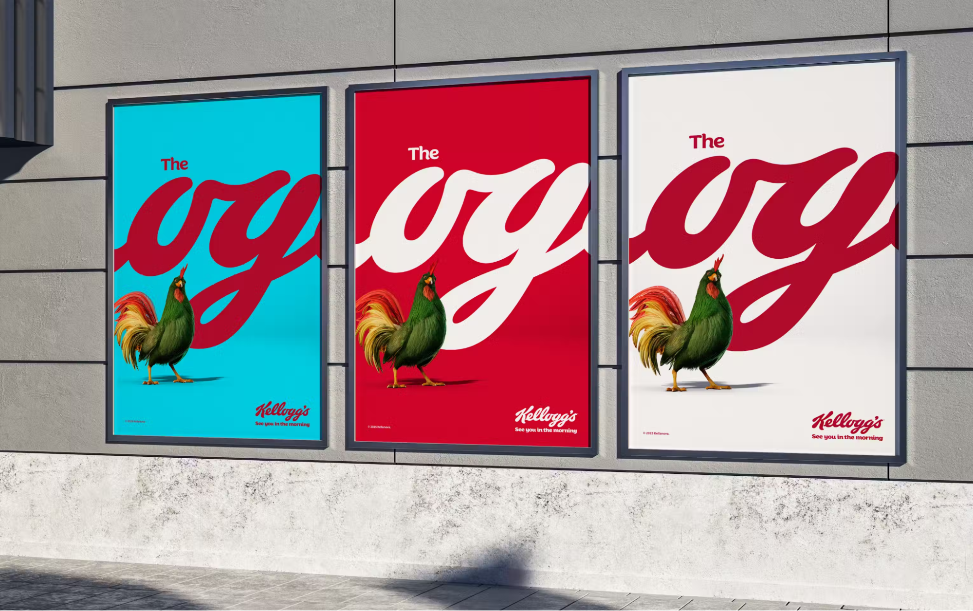 Three colored posters with Kellog's rooster in 3D with OG on the background